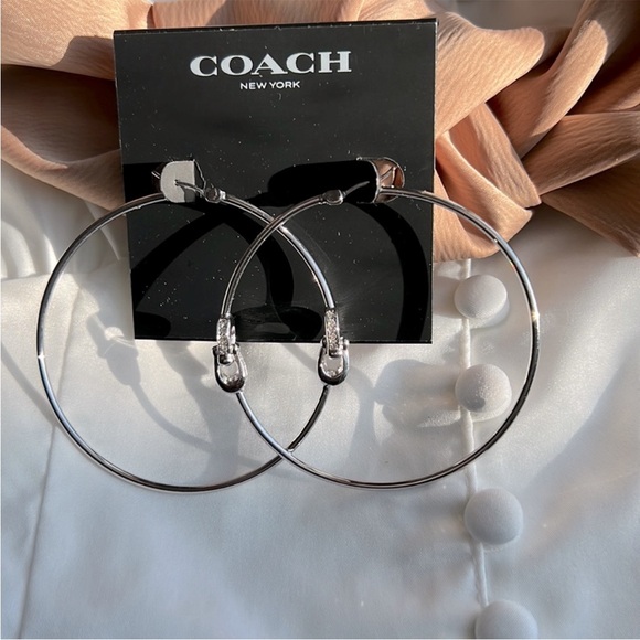 Coach Interlock C Silver Hoop Earrings with Crystal Pave Accents NWT - Picture 3 of 3